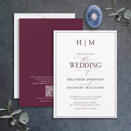 Formal QR Code Burgundy Monogram Script Hochzeit Einladung