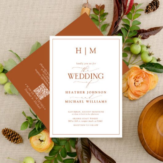 Formal QR Code Burnt Orange Monogram Wedding Einladung