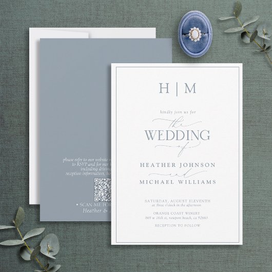 Formal QR Code Dusty Blue Calligraphy Wedding Einladung