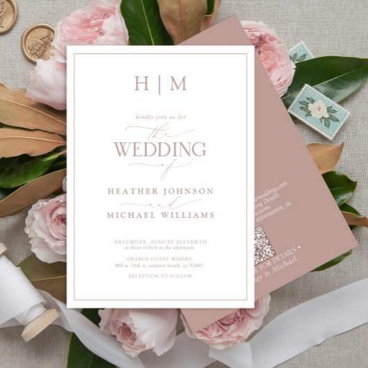 Formal QR Code Dusty Rose Monogram Script Hochzeit Einladung