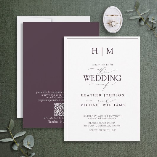 Formal QR Code Plum Lila Monogram Wedding Einladung