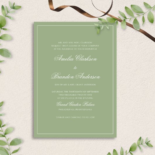 Formal Real Sage Green Border Script Wedding Einladung