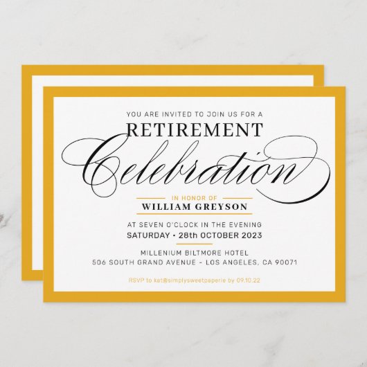 FORMAL RETIREMENT PARTY, modern Senf gelb Einladung (Vorne/Hinten)