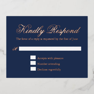 Formal Rose Gold Foil Navy Blue Wedding RSVP Card Folie Einladungspostkarte