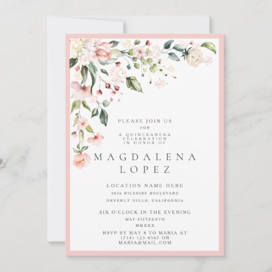 Formal rot Blütenrosa Wasserfarbe Quinceañera Einladung (Vorderseite)