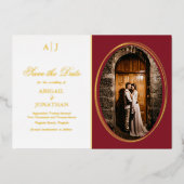 Formal rot, Gold Foto Hochzeit speichern das Datum Folieneinladung (Vorderseite)
