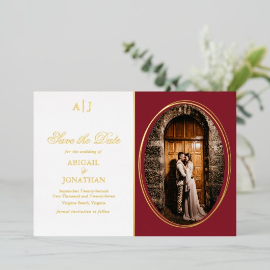 Formal rot, Gold Foto Hochzeit speichern das Datum Folieneinladung (Stehend vorne)
