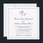 Formal Royal Lila Monogram Square Wedding Einladung<br><div class="desc">Traditionelle und klassische quadratische Hochzeitseinladung mit einem einfachen Design mit Ihren beiden ersten Monogramm und Ihren Namen in einer eleganten königlich lila Kalligraphie innerhalb eines dünnen Randes. Die Rückseite ist solide lila. Dieses klassische Design ist perfekt für eine formelle Hochzeit im Herbst / Herbst.</div>