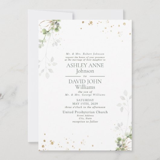 Formal Sage Green Greenerenerity Gold Marmor Hochz Einladung (Vorderseite)
