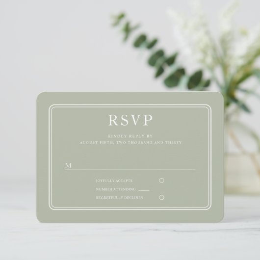 Formal Sage Green Wedding RSVP Karte (Stehend Vorderseite)