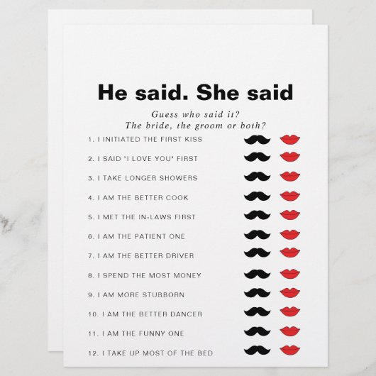 Formal sagte er, sie sagte Brautparty Game (Vorne/Hinten)