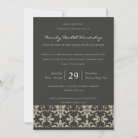 FORMAL-SCHWARZE SILVER-DAMASK-CLASSIC-WORKSHOP-VER EINLADUNG (Vorderseite)