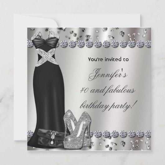 Formal Schwarzes Kleid Silver Heels Party Einladun Einladung (Vorderseite)