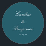 Formal Script Elegant Wedding Custom Aquamarin Runder Aufkleber<br><div class="desc">Stilvolle formale Klassische Schrift Elegante Hochzeit Einladung Custom Classic Round Sticker in Aquamarin und weiß</div>