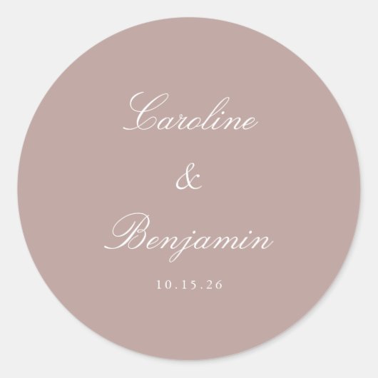 Formal Script Elegant Wedding Custom Dusty Mauve Runder Aufkleber (Vorderseite)