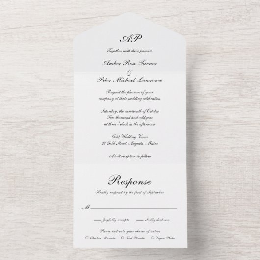 Formal Script Monogram Schwarz-weiß Elegant Weddin All In One Einladung (Innen Boden)