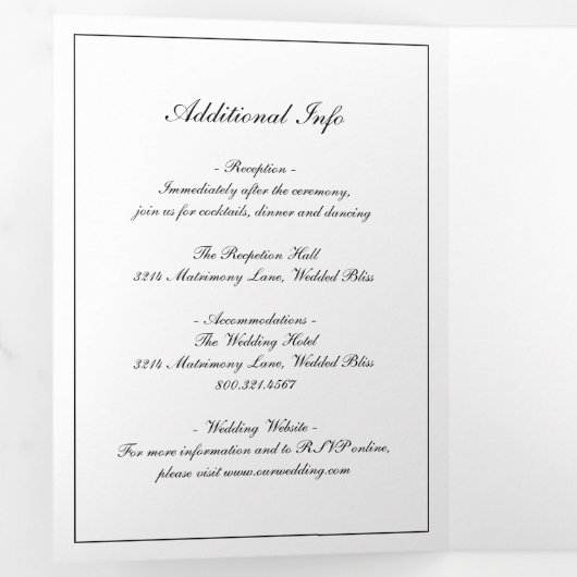 Formal Script Monogram Schwarz-weiß Elegant Weddin Dreifach Gefaltete Einladung (Innen Erste Seite)