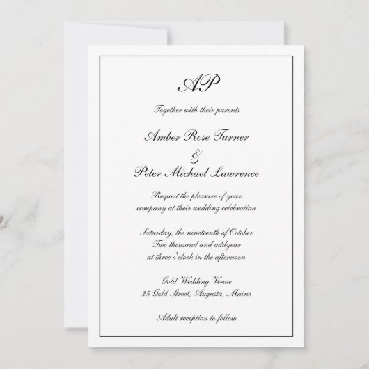 Formal Script Monogram Schwarz-weiß Elegant Weddin Einladung (Vorderseite)