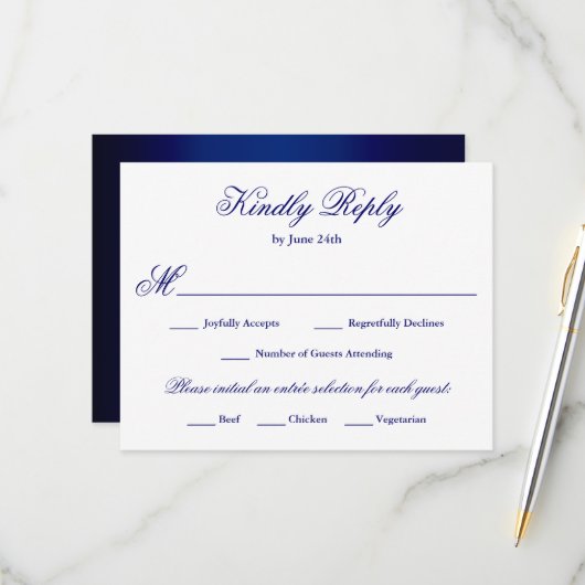 Formal Script Royal Blue Meal Choice RSVP Karte (Vorderseite/Rückseite Beispiel)