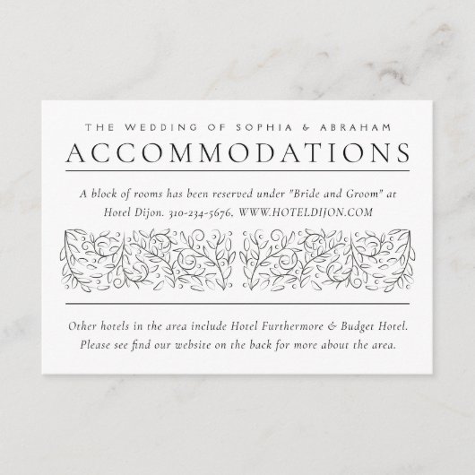 Formal Scrolling Blätter Schwarz-weiße Unterkünfte Begleitkarte (Vorderseite)