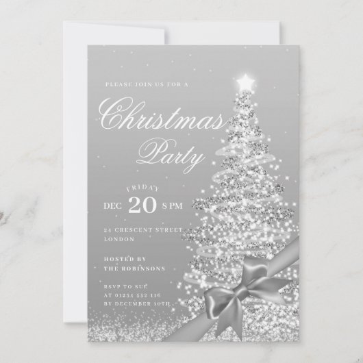 Formal Silver Winter Christmas Tree Bow Holiday Einladung (Vorderseite)
