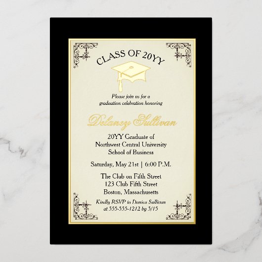 Formal Uni-Abschluss Party Golden Foil Folieneinladung (Vorderseite)