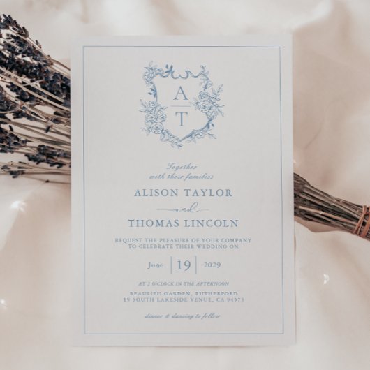 Formal Wappen Dusty Blue Monogram Wedding Einladung