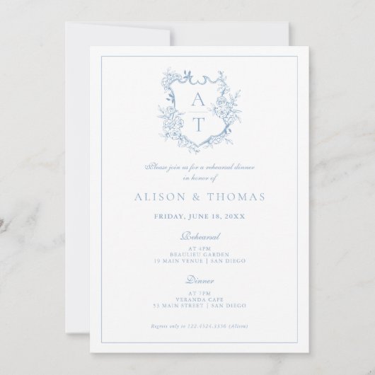 Formal Wappen Dusty Blue Probe Dinner Einladung (Vorderseite)