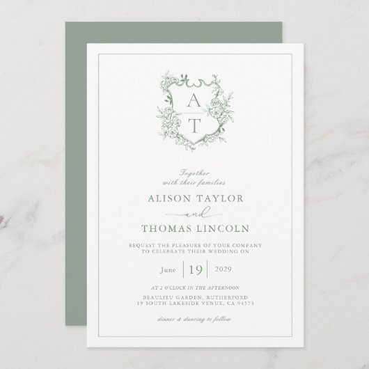 Formal Wappen Sage Green Monogram Wedding Einladung (Vorne/Hinten)