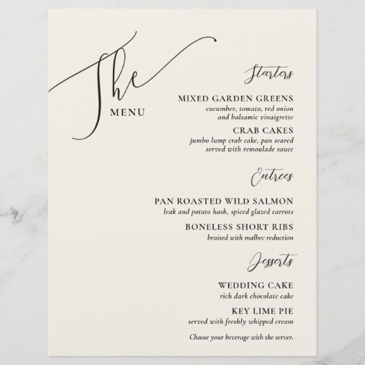 Formal Wedding Menu Elegantes Bone Black (Vorderseite)