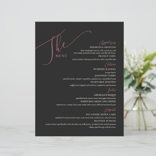 Formal Wedding Menu Elegantes Schwarzes Magenta (Stehend Vorderseite)