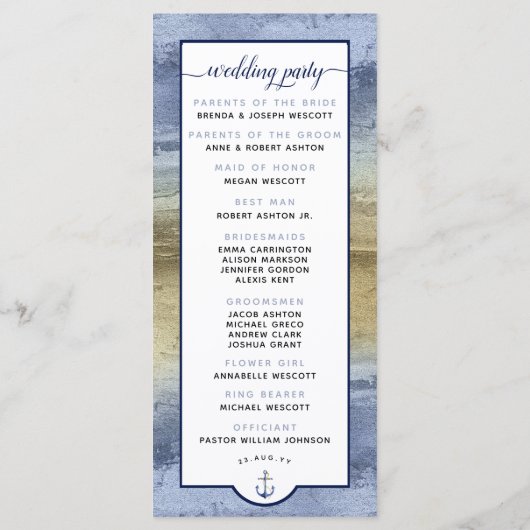 Formal #Wedding Modern #Nautical Dusty Blue & Gold Programm (Rückseite)