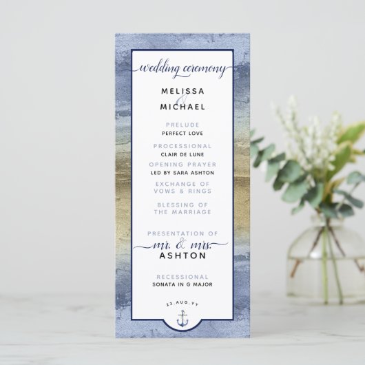 Formal #Wedding Modern #Nautical Dusty Blue & Gold Programm (Stehend Vorderseite)