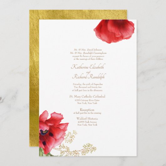 Formal Wedding Red Floral & Metallic Gold Einladung (Vorne/Hinten)