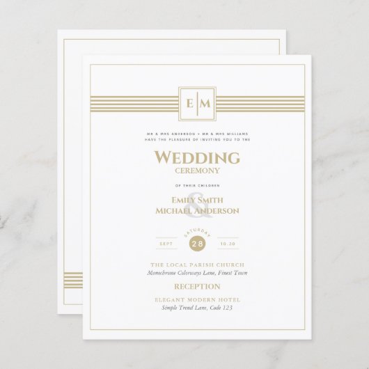 Formal Wedding White Gold Einladung Classic Monogr (Vorne/Hinten)