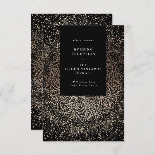 Formal Whimsical Hand Drawn Black and Gold Hochzei Begleitkarte (Vorne/Hinten)