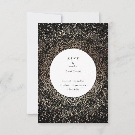 Formal Whimsical Hand Drawn Black and Gold Hochzei RSVP Karte (Vorderseite)