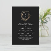 Formal White Black Monogram Gold Wappen Foto Save The Date (Stehend Vorderseite)