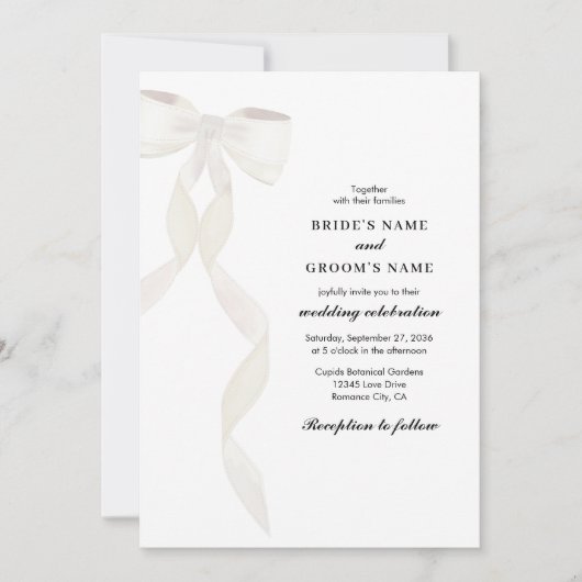Formal White Bow Ribbon Elegante Hochzeit Einladung (Vorderseite)