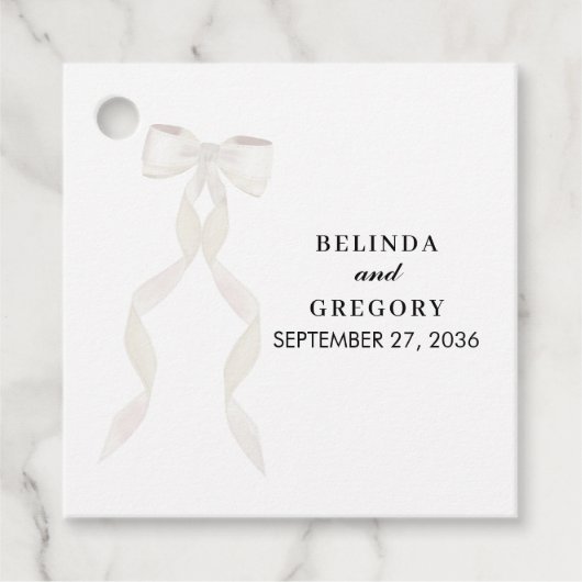 Formal White Bow Ribbon Elegante Hochzeit Geschenkanhänger (Vorderseite)