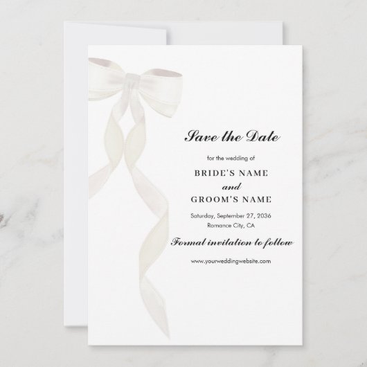 Formal White Bow Ribbon Elegante Hochzeit Save The Date (Vorderseite)