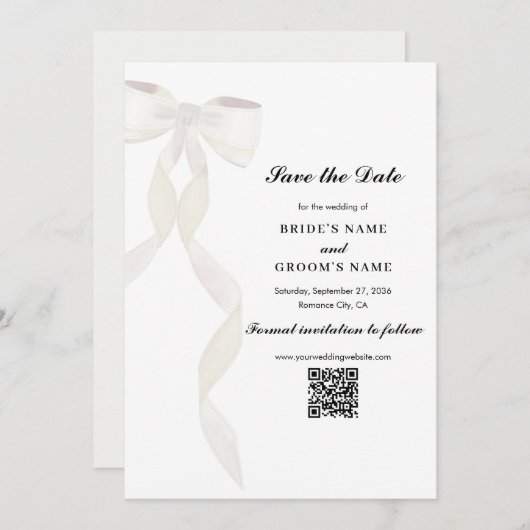 Formal White Bow Ribbon Elegante Hochzeit Save The Date (Vorne/Hinten)
