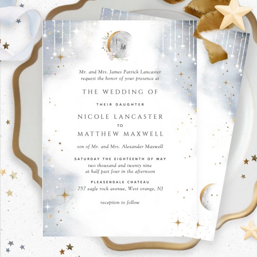 Formal White Gold Silver Starry Celestial Wedding Einladung