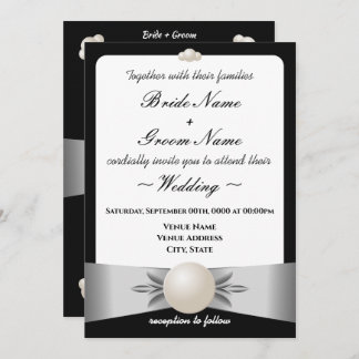 Formal White Ribbon Pearl Foto Wedding Einladung