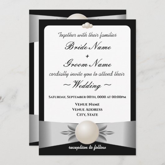 Formal White Ribbon Pearl Wedding & Empfang Einladung (Vorne/Hinten)