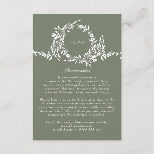 Formal Wreath Sage Grün Elegantes Hochzeitsdetails Begleitkarte (Vorderseite)