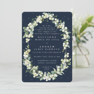 Formale dunkelblaue Snowberry+Eucalyptus-Hochzeit Einladung