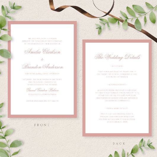 Formale Dusty Rose-Rand-Script-Hochzeitsdetails &  Einladung