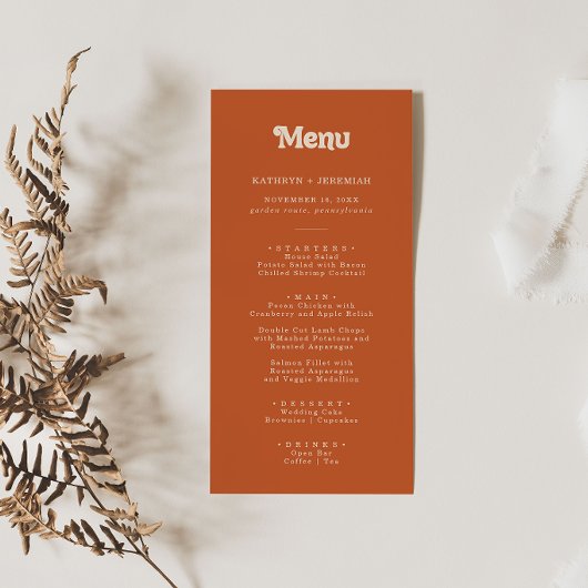 Formale einfache Terrakotta-Hochzeit Menükarte