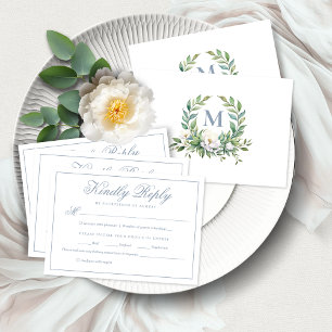 Formale elegante blaue florale Wappen-Monogramm-Ho RSVP Karte